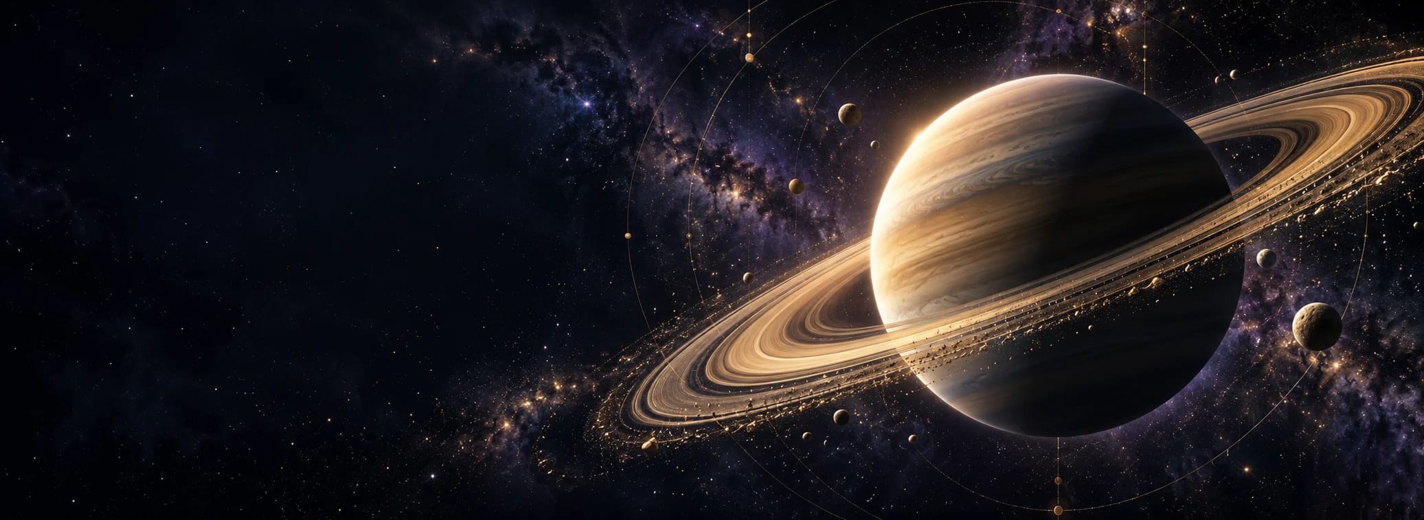 Saturn and its golden rings in a violet star field