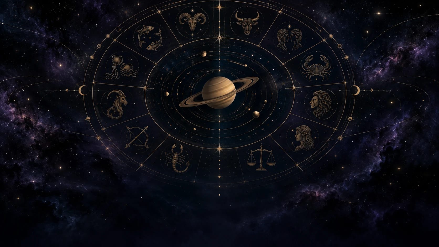 An engraved golden zodiac wheel with Saturn at its center, surrounded by the twelve signs
